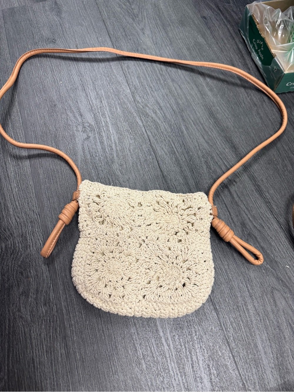 a new day Cream Crochet Crossbody with Tan Strap